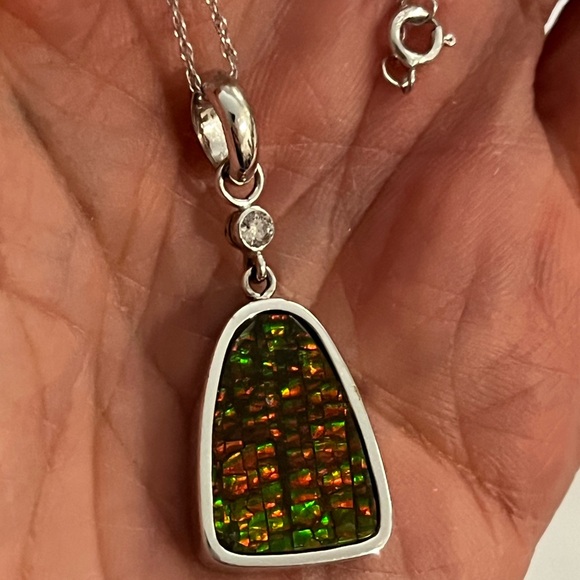 14k Ammolite and Diamond White Gold Pendant Necklace - Picture 12 of 17